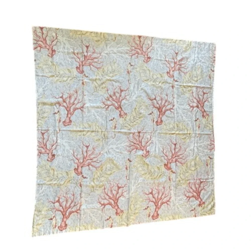 Pottery Barn 2011 Vintage Organic Cotton Coastal Coral Seahorse Tablecloth Rare